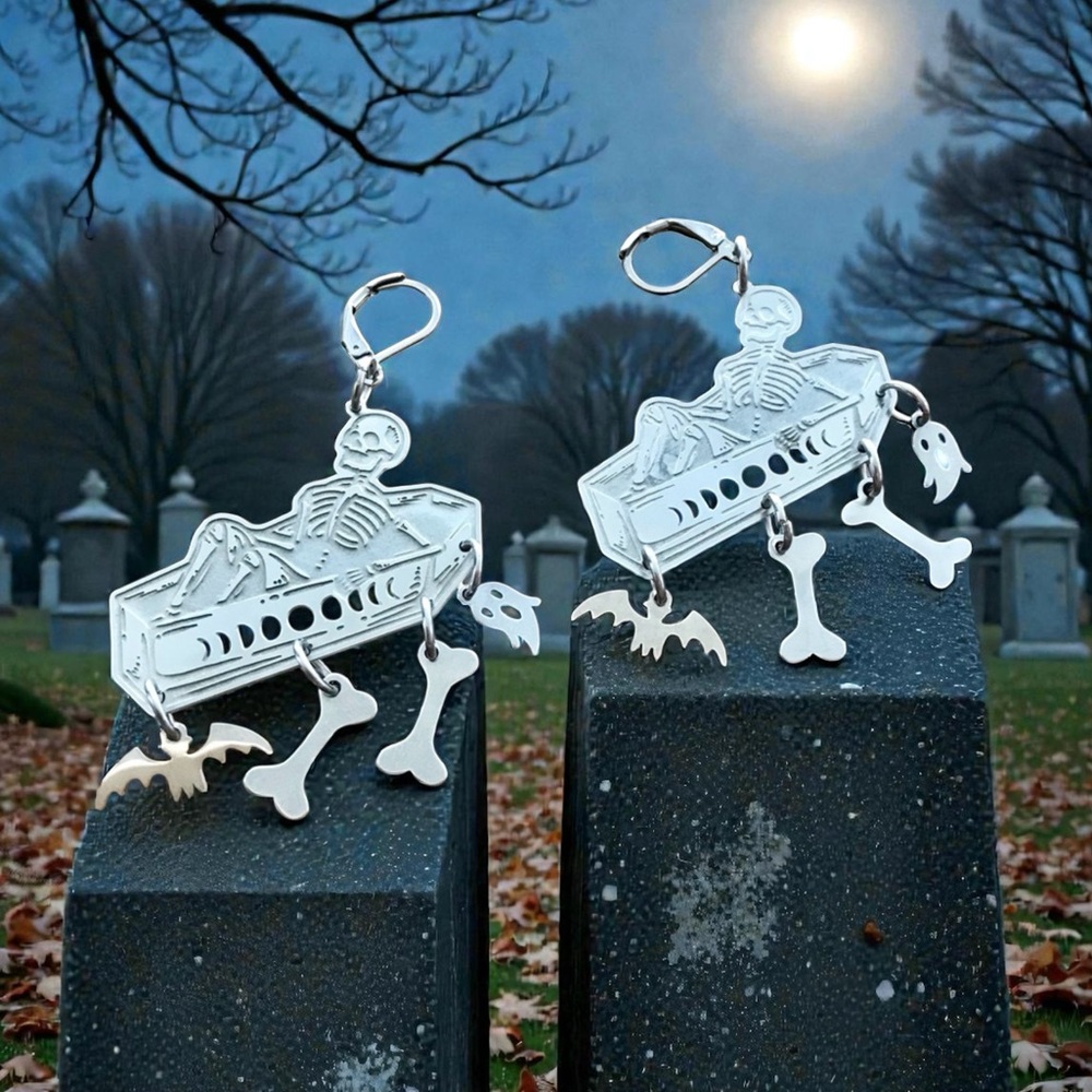 🆕 Skeleton in Coffin with Ghosts, Bats, Bones Laser Etched Earrings